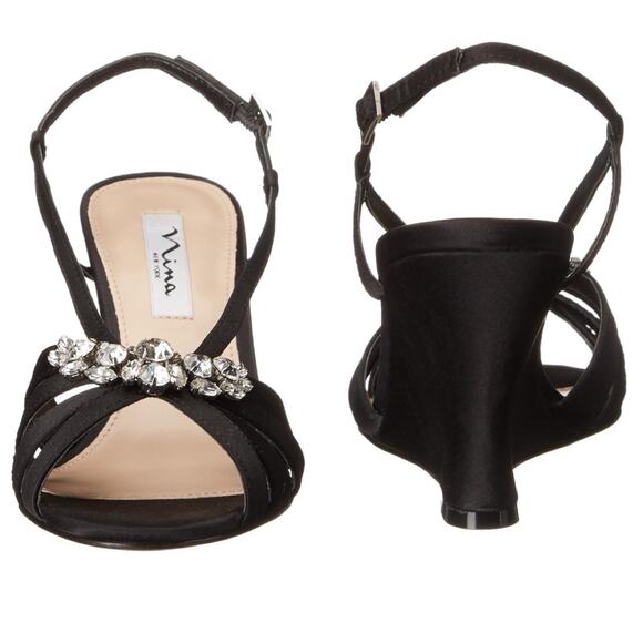 Nina Viani Evening Wedge Sandals Womens size 7 M Black Luster Satin + Rhinestone - Picture 3 of 16